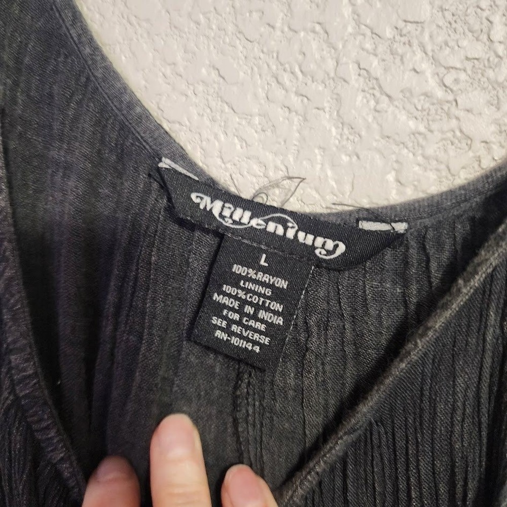 MILLENNIUM Grey Crinkle Midi Dress Tiered Minimalist Lagenlook Size L - Picture 4 of 7